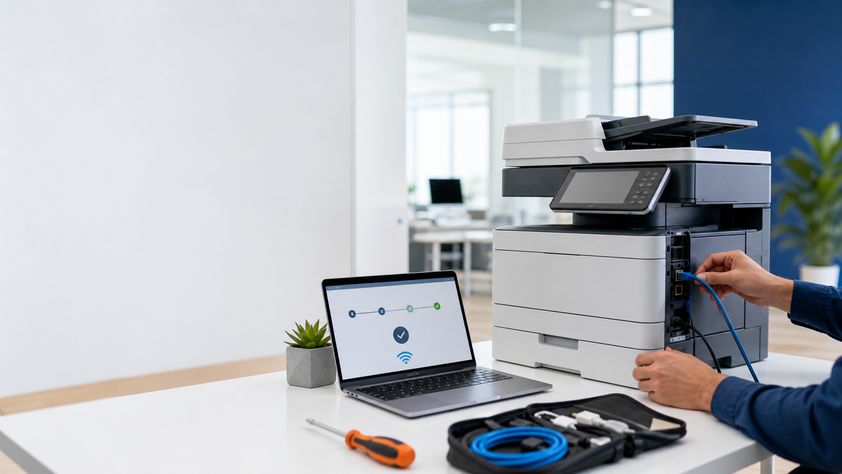 Printer setup expert connecting an office printer